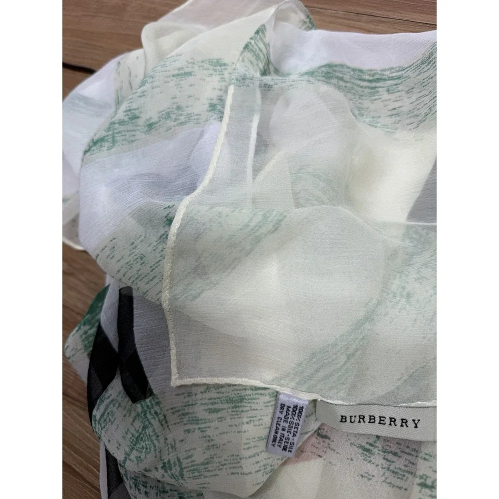 Authentic Burberry 100% Silk Scarf Green Ivory Check Print Shawl Wrap, Sz 50x52